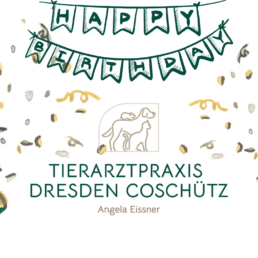 Logo der Tierarztpraxis Dresden Coschütz mit Konfetti und Geburtstagsdeko